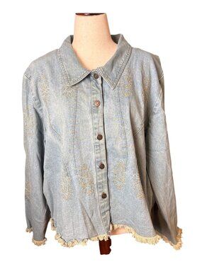 Crossing Pointe Denim Jacket 3X Embroidered Button Front Frayed Hem Blue Lightwe